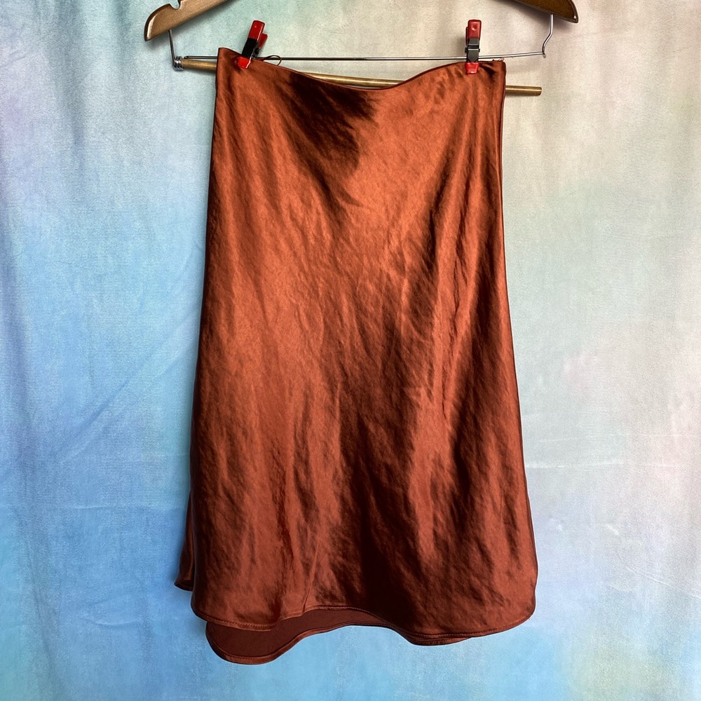 ALL : ROW Silky Satiny MIDI Slip Skirt with Elastic Waist in Rust Burnt Orange